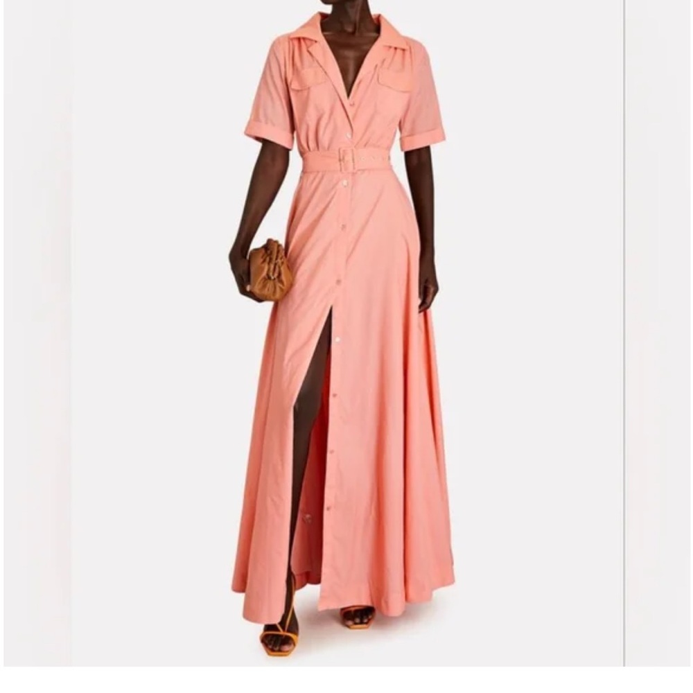 Staud Millie Belted Maxi Shirt Dress- Coral